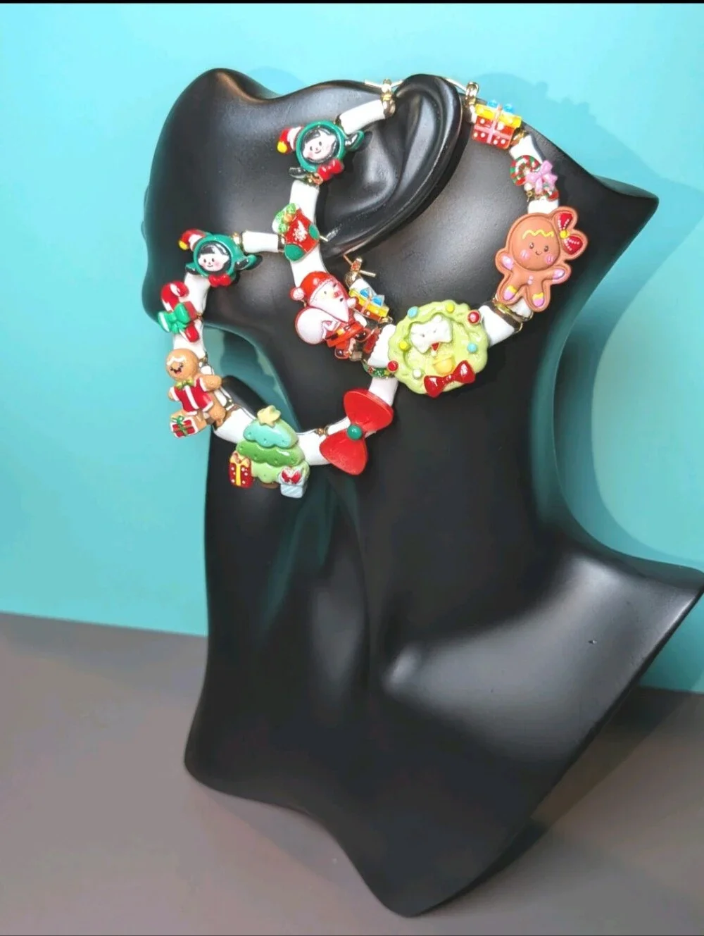 Hand Crafted Christmas Charm Medium Hoop Earrings in Red, Green, White & Gold